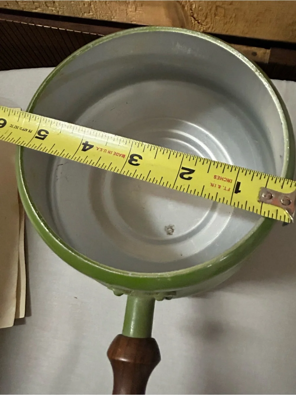 Vintage Green Enamel Fondue Pot with Wooden Handle
